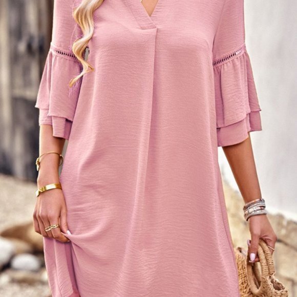 Notched Neck Flare Sleeve Pocket Dress - Picture 10 of 11